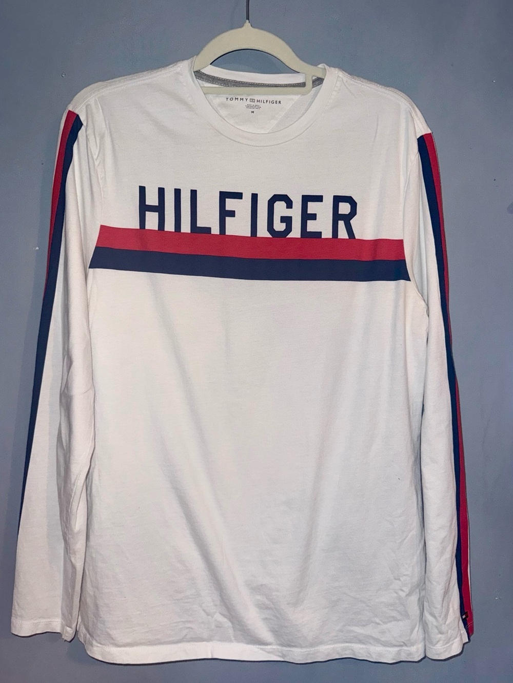 Tommy Hilfiger White Logo Long Sleeve Graphic Tee Size Medium